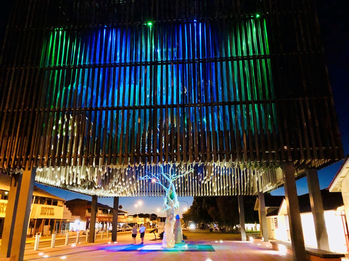 Colour photograph of Barcaldine's Tree of Knowledge Memorial at night.