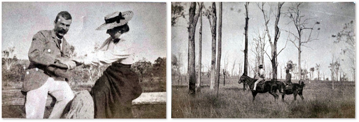 Image at left: Isaac Moore and Mary; Image at right: Mustering at Barambah Station