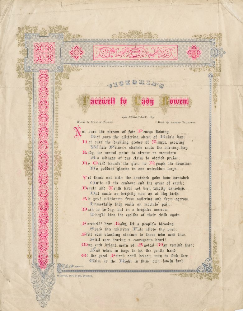 Small illuminated address entitled "Victoria's Farewell to Lady Bowen" with words by Marcus Clarke.