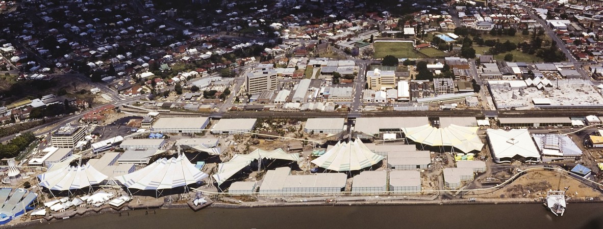Aerial view of Expo 88 buildings under construction at South Brisbane, 1987. Photograph by Brian Hand.