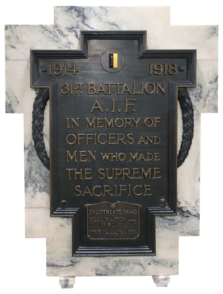 31st Infantry Battalion Memorial Plaque, Anzac Square, WWI Crypt