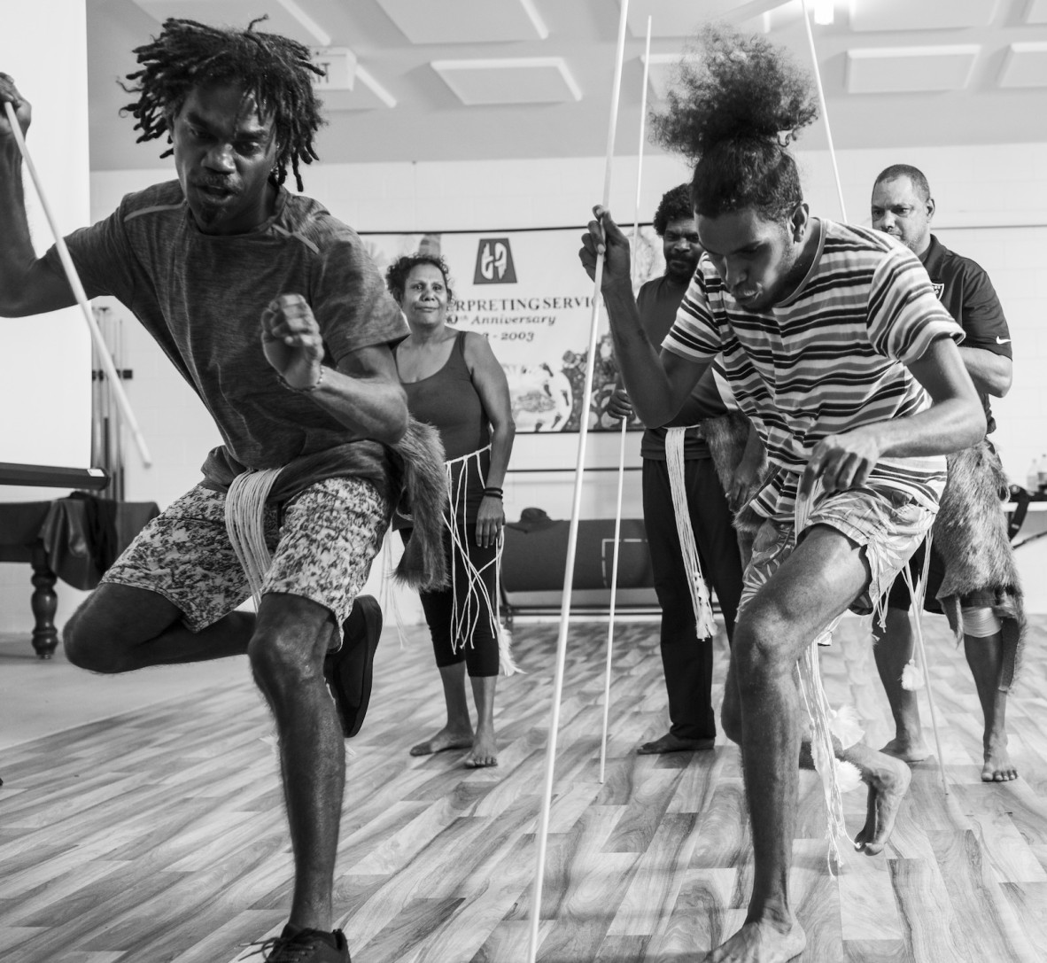 Deaf Indigenous Dance Group dancers Leslie Footscray, Nathaniel Murray and others rehearsing in Cairns, July 2021.