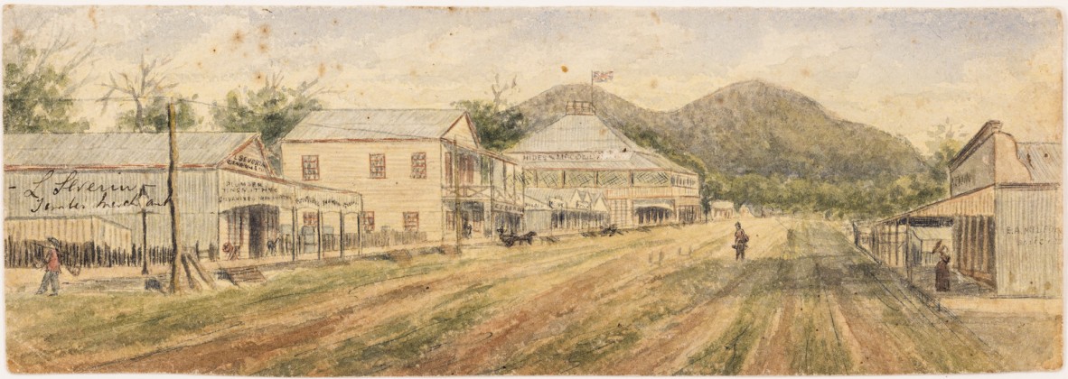 Watercolour streetscape of Cairns in 1887