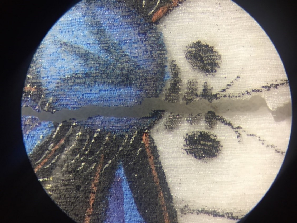 In this image we can see the edges were torn sharply along cell walls. Blue watercolour wash sits translucently on the surface of the cell walls. Purple and black pigments fill the voids of the cells creating a striking opaque effect. Red pigments applied thickly are raised from the surface in some areas.
