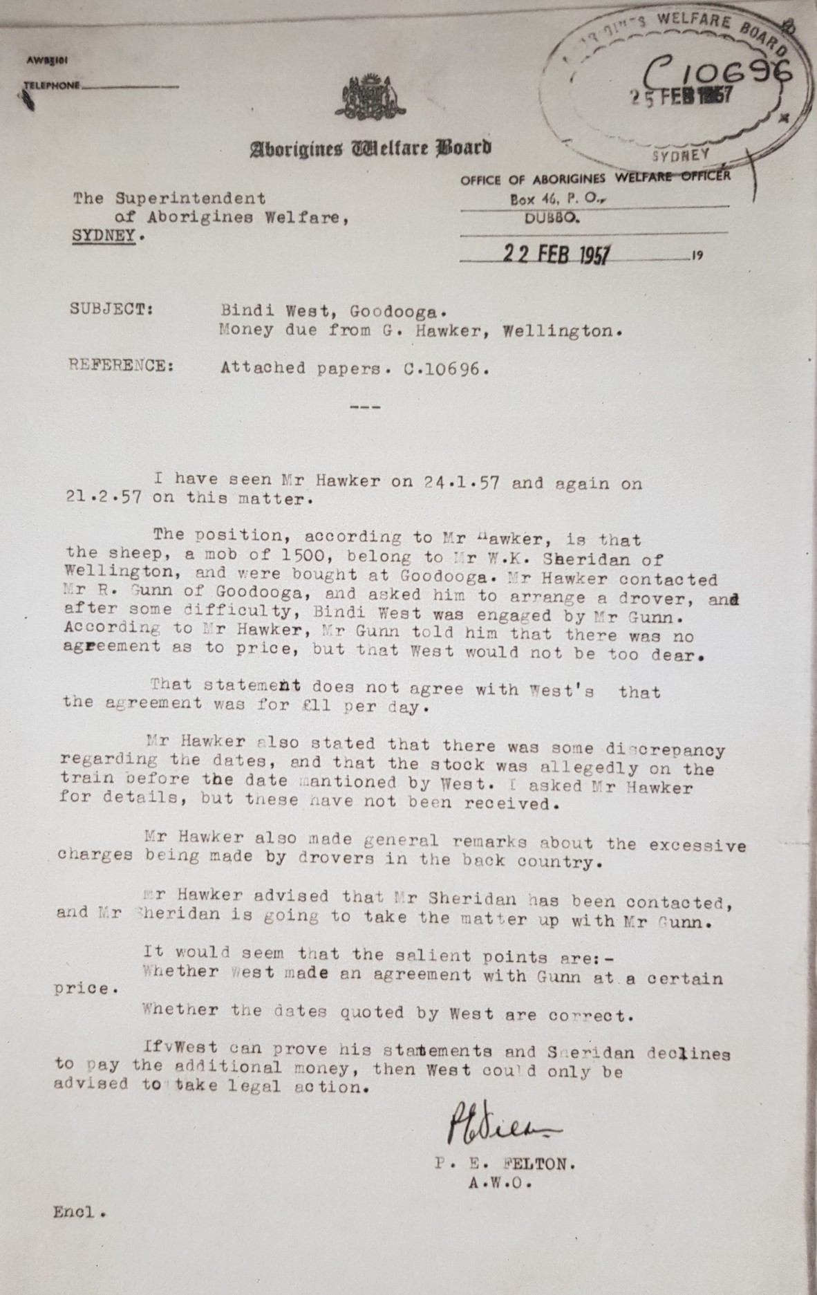 P. E Felton, AWO visits George hawker, Stock Agent responsible for the droving transaction on 2 occasions 1 month apart, in January 1957 and February 1957. 