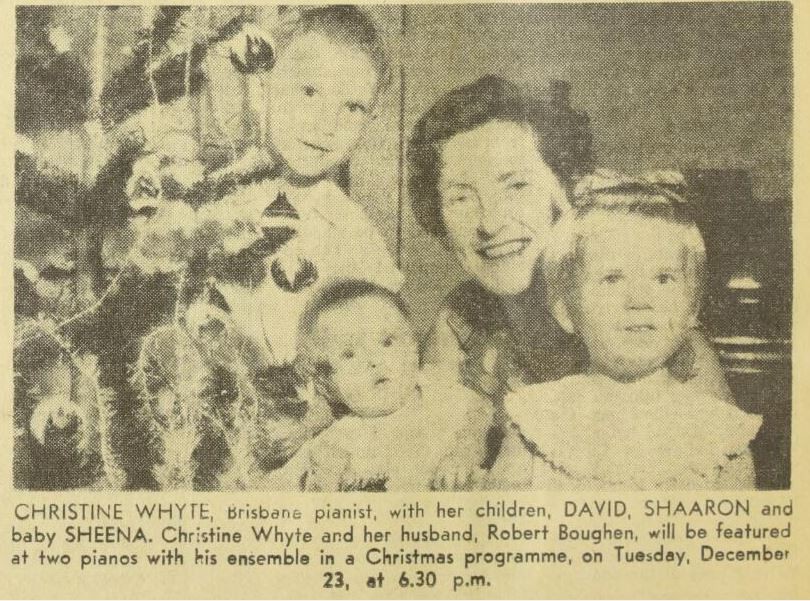 "CHRISTINE WHYTE, Brisbane pianist, with her children, DAVID, SHAARON and baby SHEENA" in The ABC Weekly, 17 December 1958, page 4.