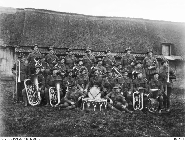 Group portrait of the band of the 41st Battalion at Locre 1918