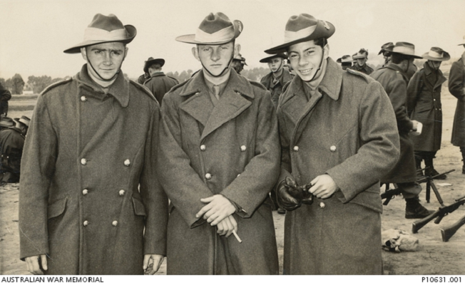 Informal outdoor portrait of, left to right, Private (Pte) Keith Gillies, 1730903 Pte Kevin Desmond Branch and 1731040 Pte Douglas Javing Salveron during National Service training at Kapooka.