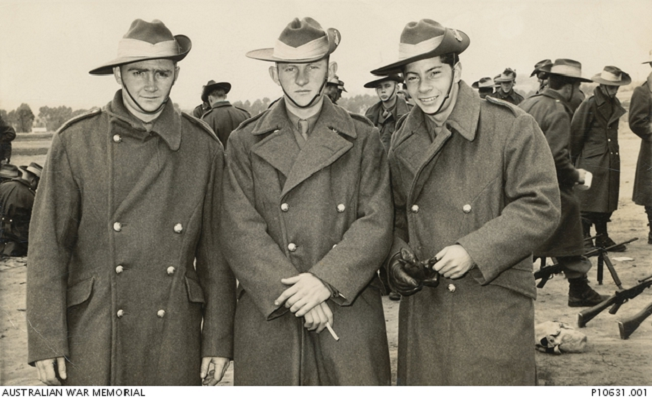 Informal outdoor portrait of, left to right, Private (Pte) Keith Gillies, 1730903 Pte Kevin Desmond Branch and 1731040 Pte Douglas Javing Salveron during National Service training at Kapooka. 