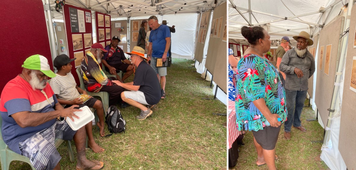 (Left and right) Traditional Owners from NPA supervise Kennett display and talk with visitors at the Cultural Festival, June 2022.