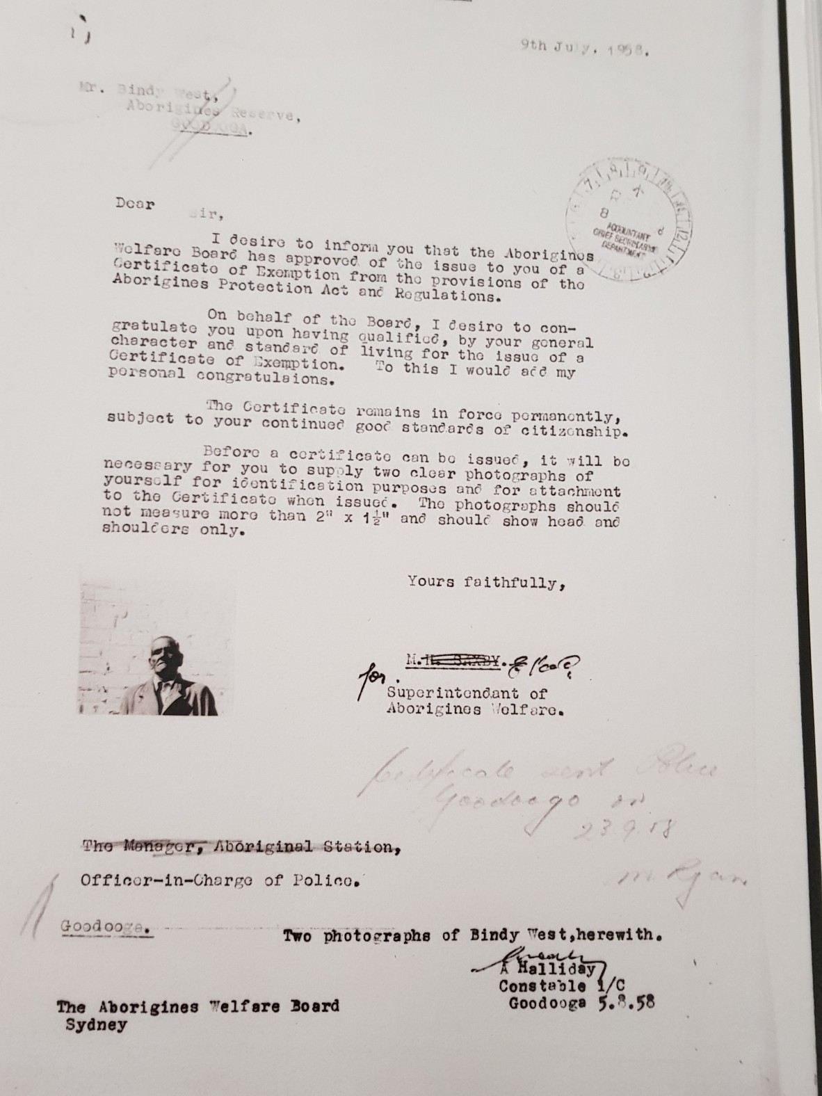 Bindi West’s Approval Letter for the Issue of a Certificate of Exemption from the Aborigines Protection Act. Apparently he was deemed worthy by government officials.