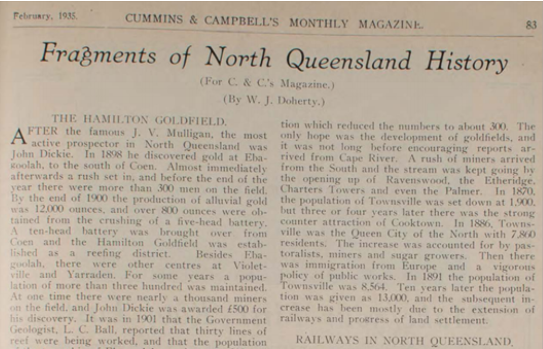 Article Fragments of North Queensland History from Cummins  Campbells monthly magazine February 1935 p 83