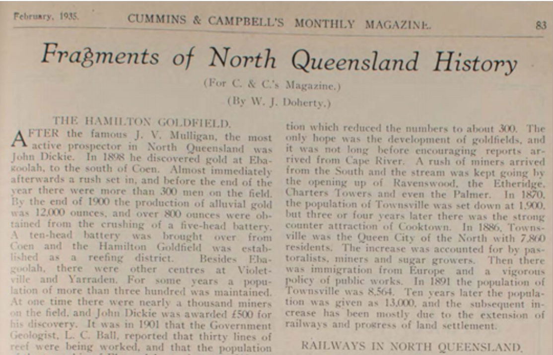 Article "Fragments of North Queensland History" from Cummins & Campbell's monthly magazine, February 1935, p 83