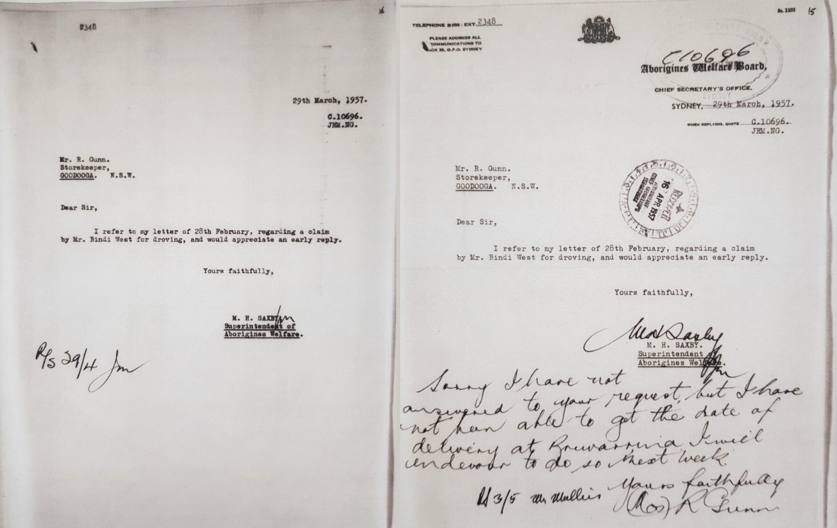 There is no reply from storekeeper Mr Gunn, so a month later Saxby writes him another letter on 29th Mar 1957. There is a handwritten response from R Gunn on 3rd May 1957, stating he will endeavour to find out the date of delivery of the sheep at Brewarrina next week. Nothing mentioned about the rate.