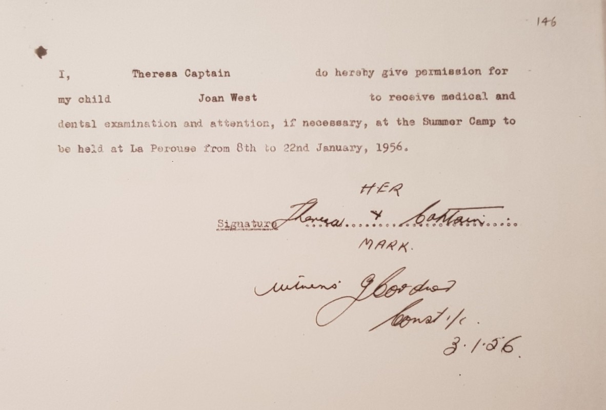 The permission note for Joan to see the dentist whilst on Annual Summer Camp at La Perouse.
