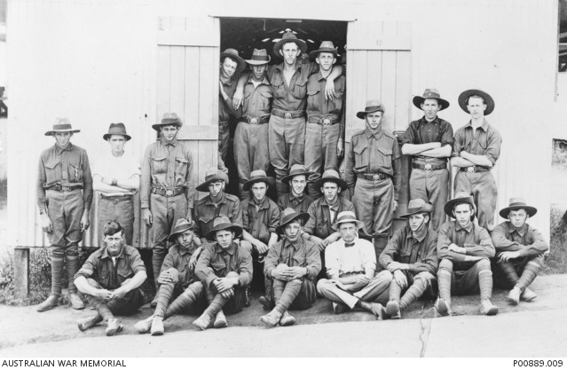 A group of recruits for the 9th Battalion. This group includes an unidentified Aboriginal serviceman (back row, second from left).
