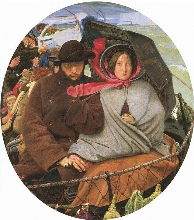 Colour painting of a man and woman on an immigrant ship. They are sheltering from the wind in winter clothes.