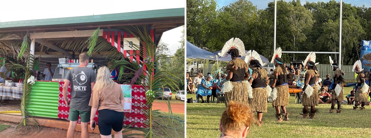 (Left) Food stall at NPA Cultural Festival selling traditional and contemporary food; (right) Naygayiw Gigi Dancers kick off the Cultural Performances at the Festival, June 2022.