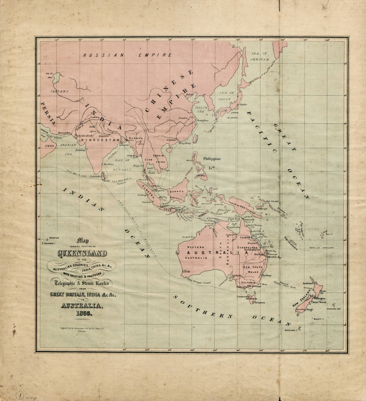 Map showing the position of Queensland to the Australian colonies, India, China & C. & C.