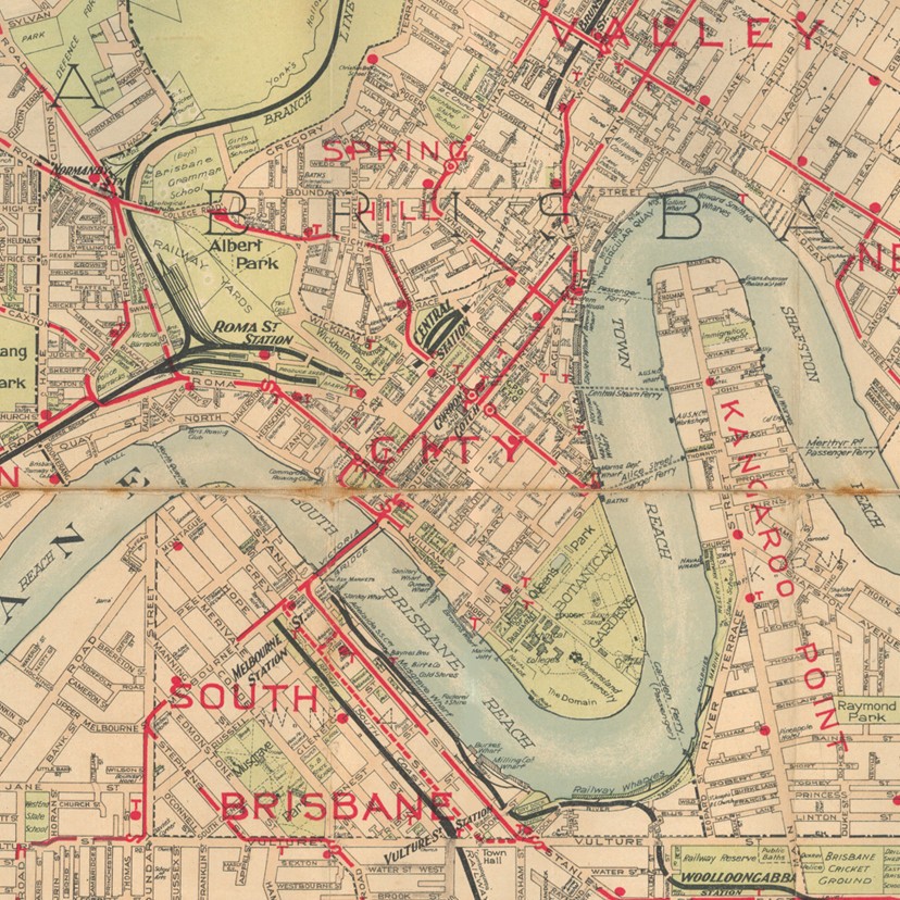 Close zoom on Map of Brisbane and suburbs 1918