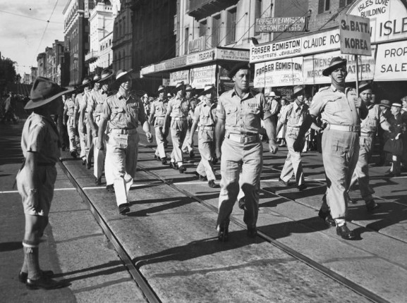 Anzac Day Procession on Adelaide Street, Brisbane, ca. 1954