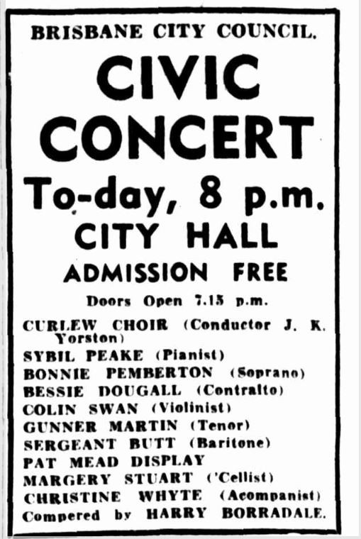 Advertisement for an early Brisbane City Council concert, the first to include Christine Whyte, in The Courier-Mail, 13 March 1942, page 6. 