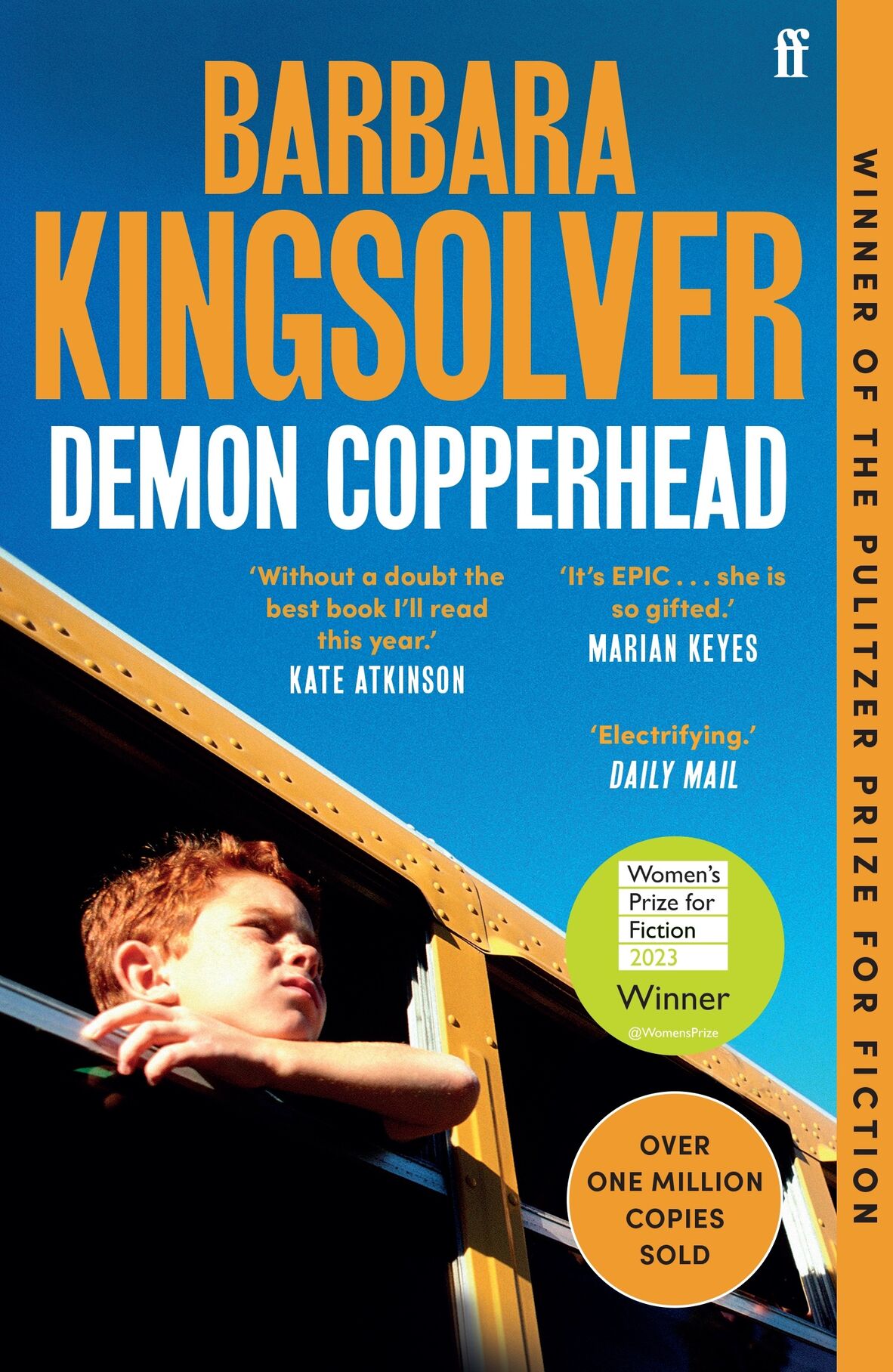 The cover of Demon Copperhead Barbara Kingsolver showing a boy leaning out of a train car with a blue sky above 