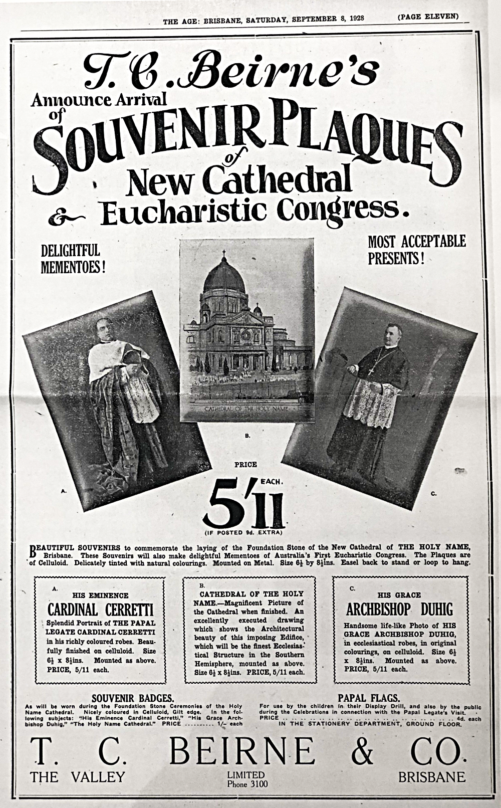 1928 T C Beirne store advertisement for Holy Name Cathedral souvenir plaques