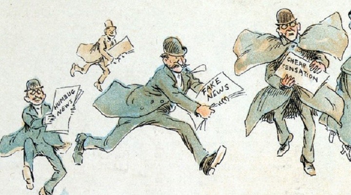 A man with fake news rushing to the printing press -drawing by Frederick Burr Opper