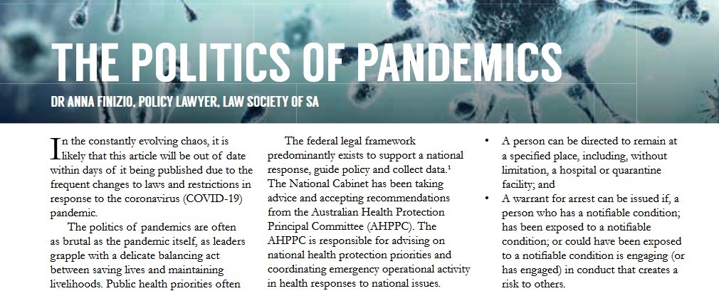 Image of part of article "The politics of pandemics" found through Informit APAFT database