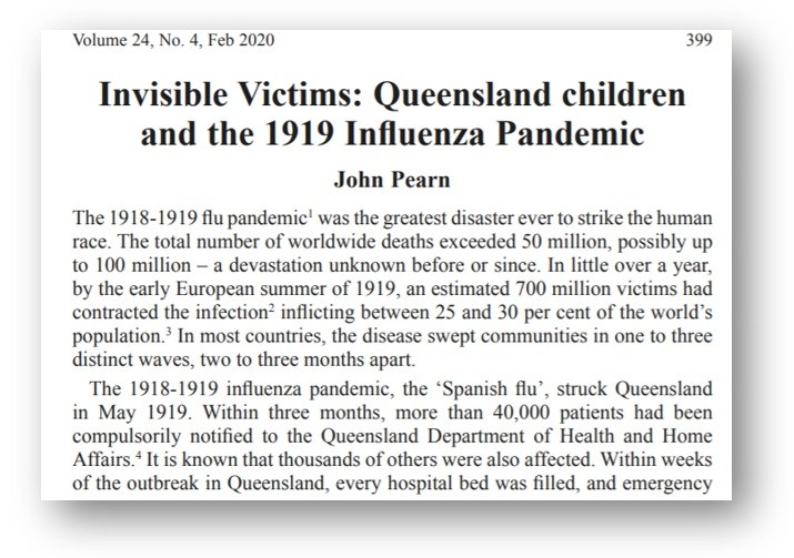Image of part of article Invisible victims Queensland children and the 1919 influenza pandemic from Informit APAFT database