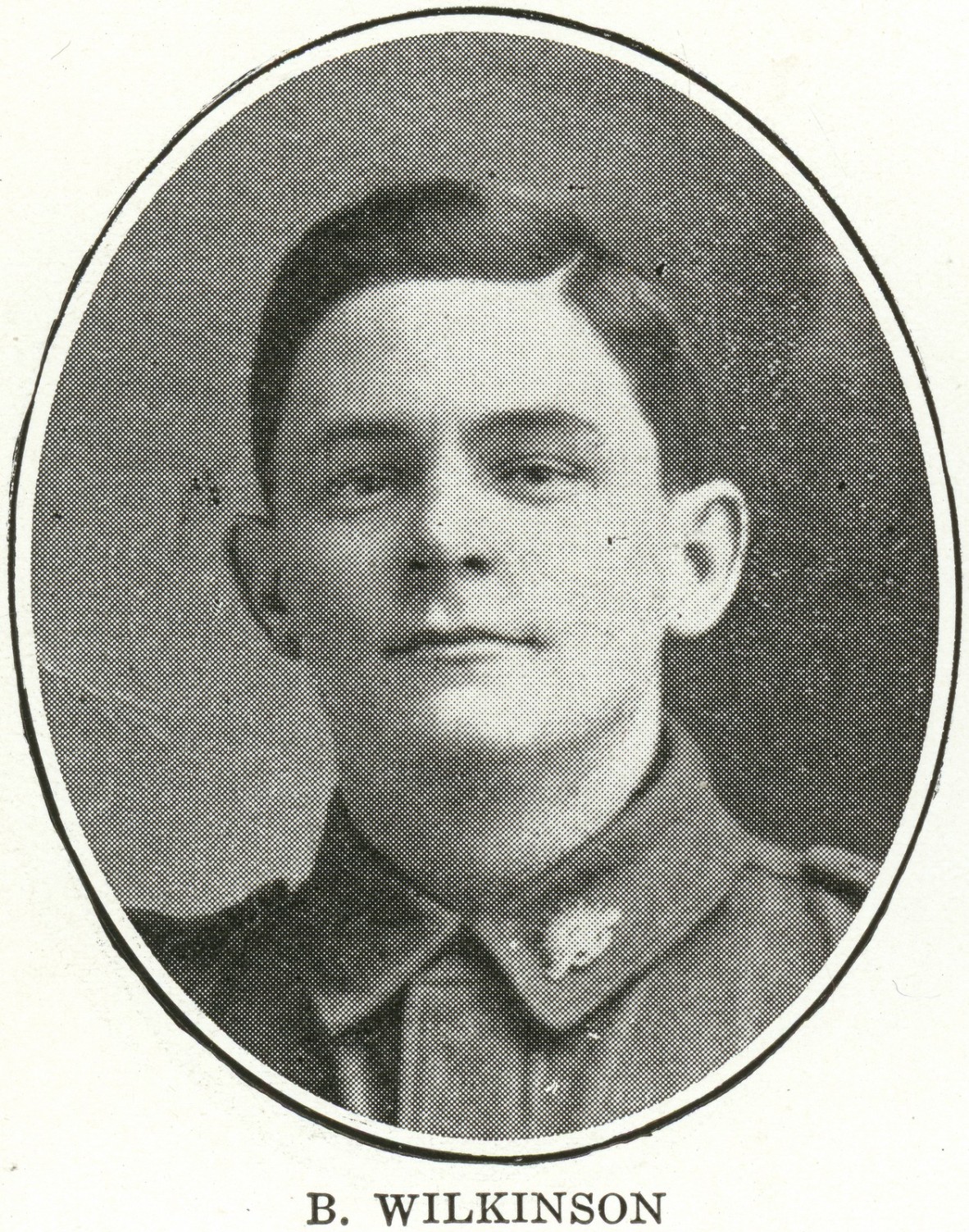 Black and white photo of B Wilkinson, World War One soldier, in uniform.