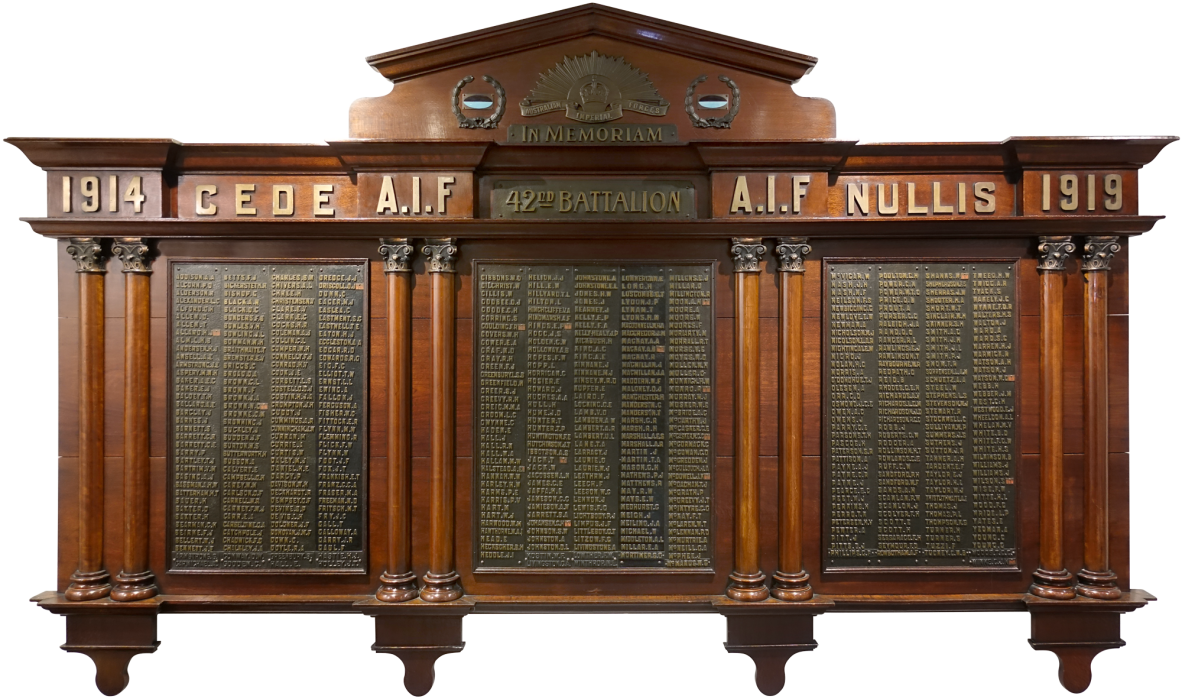 Photograph of three-panelled timber honour board with names of soldiers from the 42nd Infantry Battalion