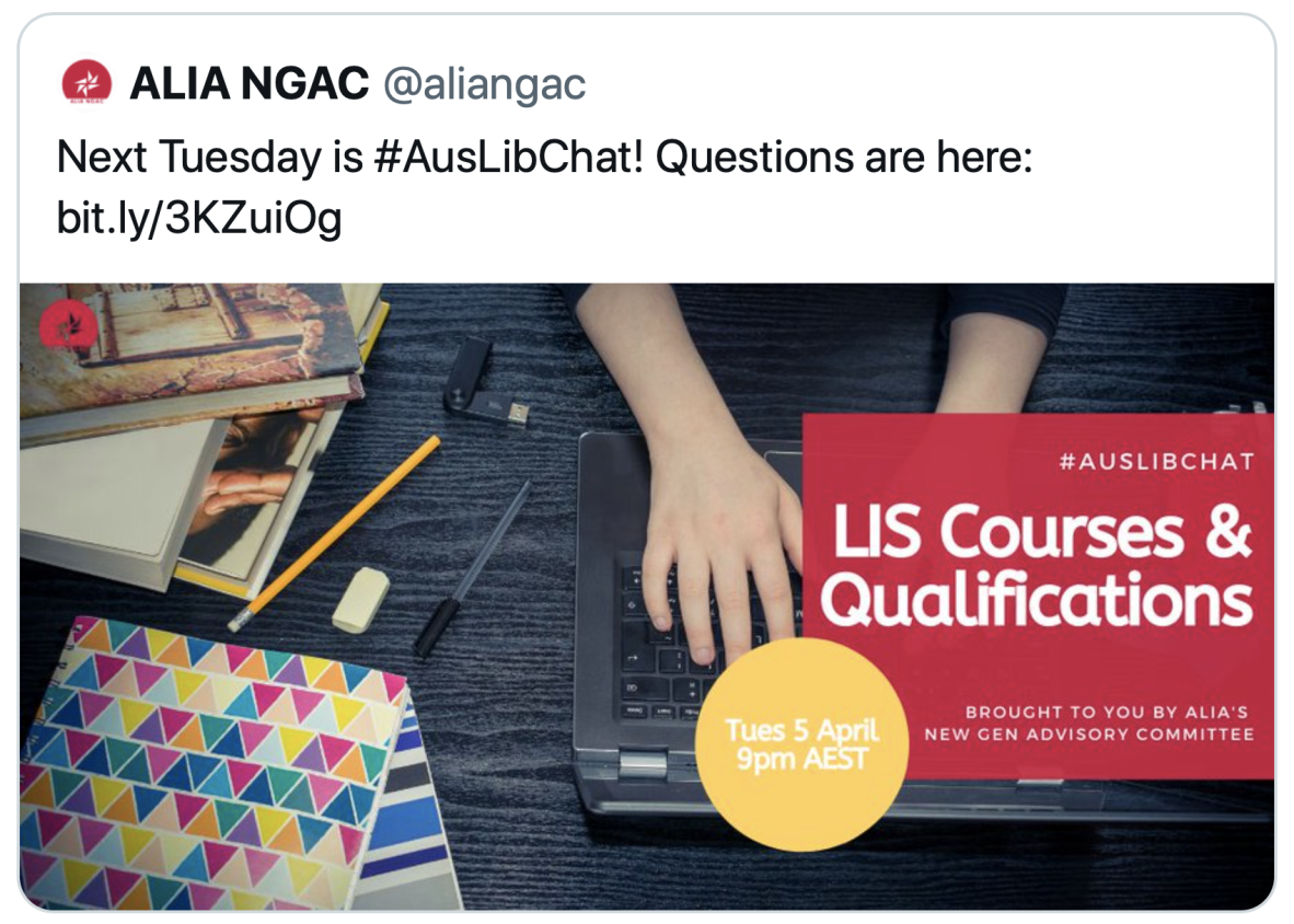 Screenshot of tweet from @aliangac promotions #auslibchat