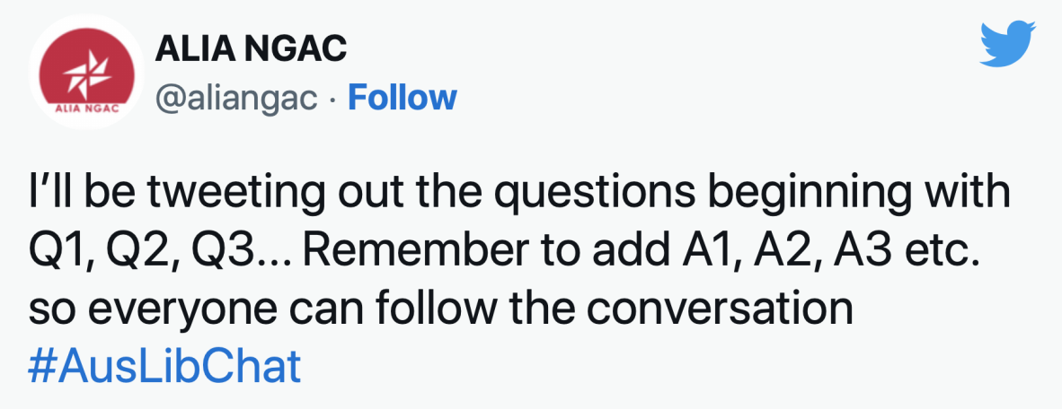 Screenshot of tweet from @aliangac explaining #auslibchat