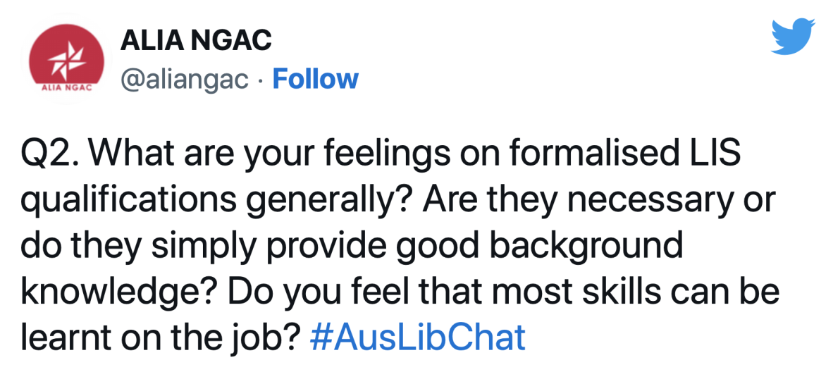 Screenshot of tweet from @aliangac #auslibchat