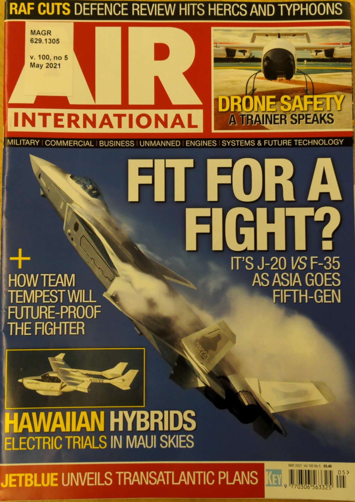 Image of a fighter jet J-20 VS F-35 on front cover of Air International magazine May 2021