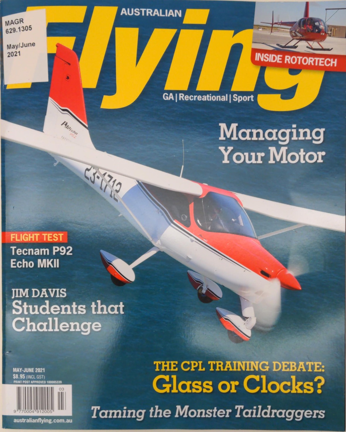 Image of single engine sea plane (Tecnam P92 Echo MKII) on front cover of magazine "Australian Flying" May-June 2021