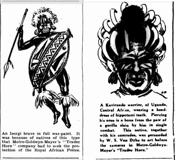 Newspaper illustrations of African warriors as depicted in film 'Trader Horn'