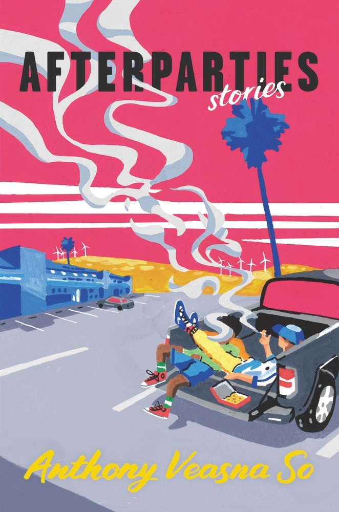 Cover of Afterparties By Anthony Veasna So Its an illustration of two people smoking in the back of a ute in a carpark The sky is pink
