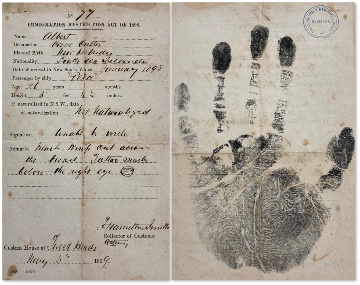 Immigration document and hand print for Albert 1898