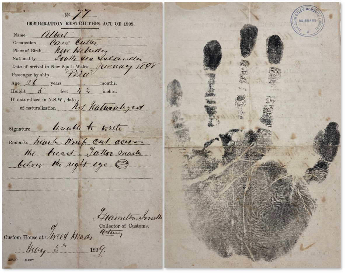 Immigration document, and hand print for Albert, 1898