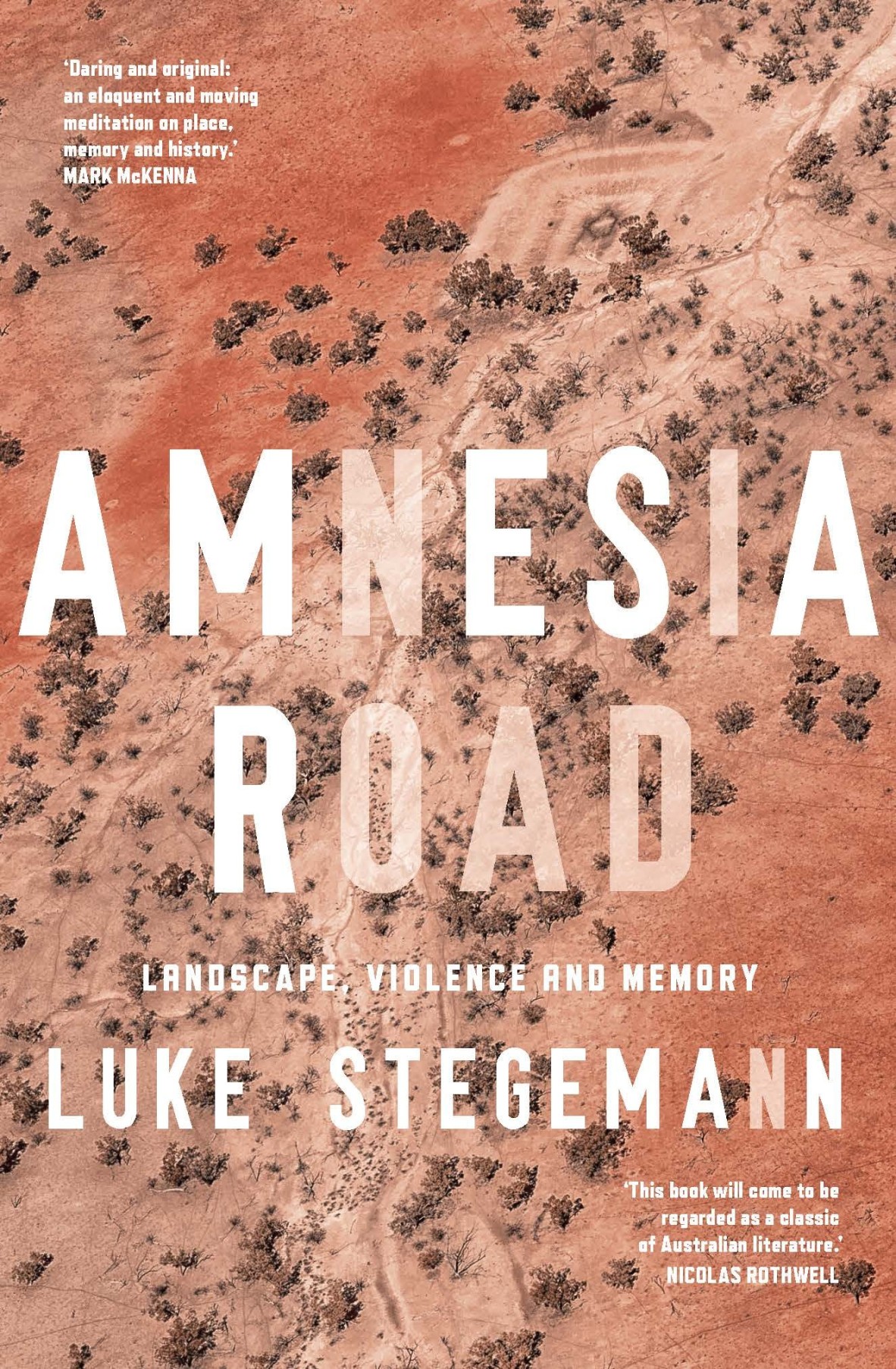 The cover of Amnesia Road by Luke Stegemann - An aerial view of red and brown dirt with creek beds and some trees