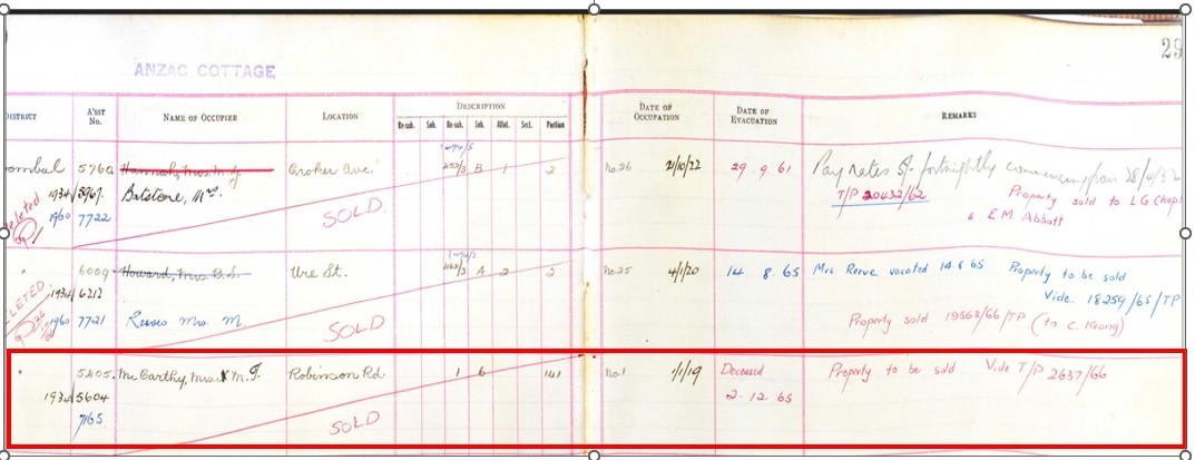 Extract from Brisbane City Council hand written 'Register of Anzac cottages' sold