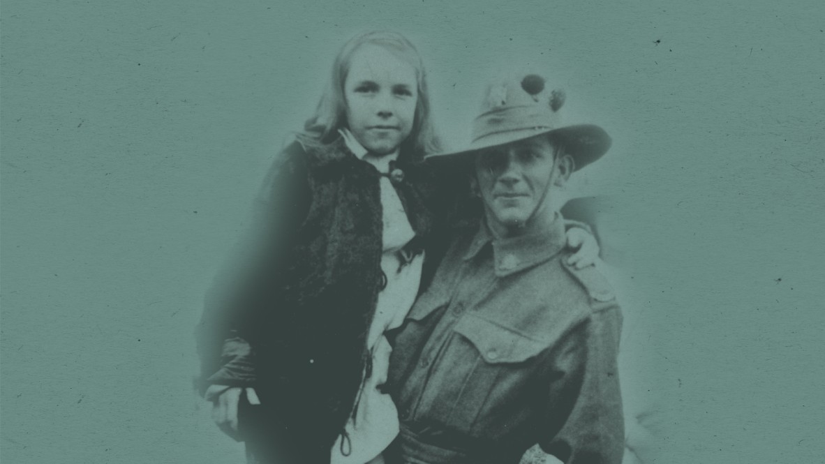 Rendered image of WW1 soldier and young girl posing for a photo