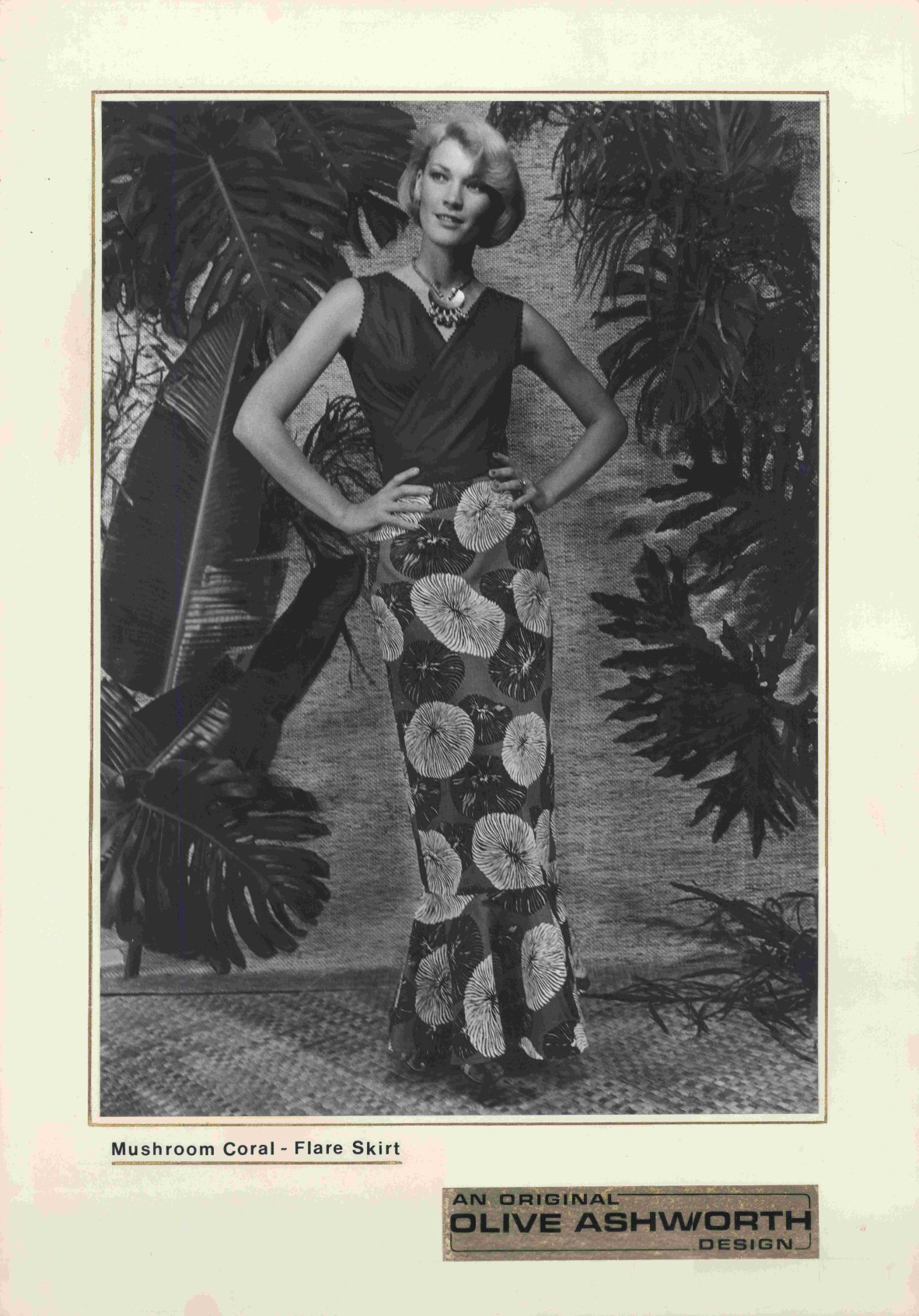 Promotional fashion photograph,  model wearing skirt made from  ‘Mushroom Coral’ fabric ca.1971 