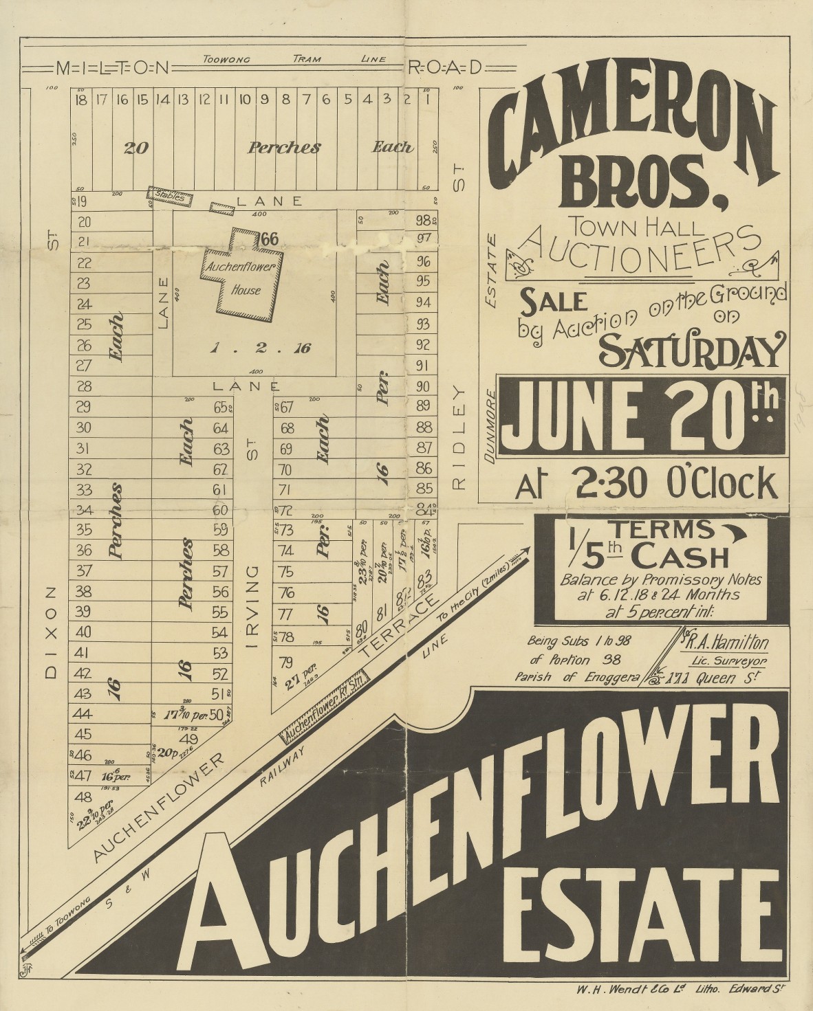 Real Estate Map of Auchenflower Estate, 1908