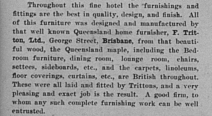 Newspaper article about the Corones Hotel, Charleville fitted out with Trittons furniture, 1926.