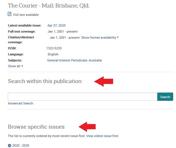 Australia and New Zealand Newsstream database, Courier Mail publication information