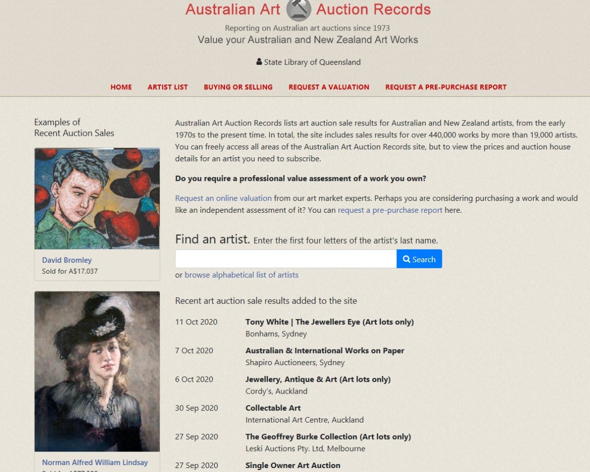 Image of front page of Australian Art Auction Records database